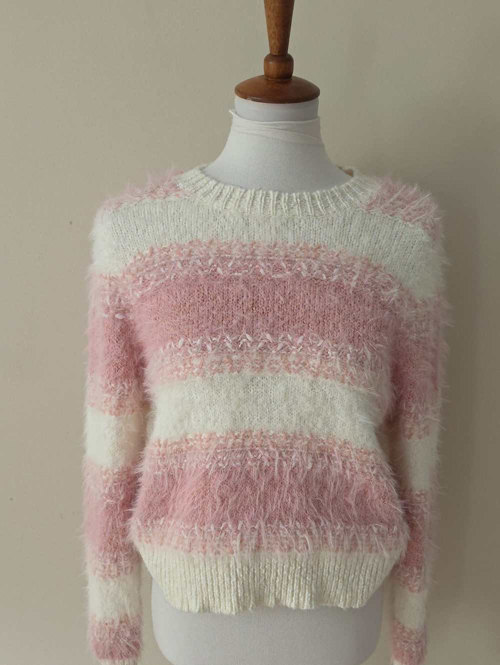 Absolutely Fuzzy Striped Crewneck Sweater - Pink & Cream